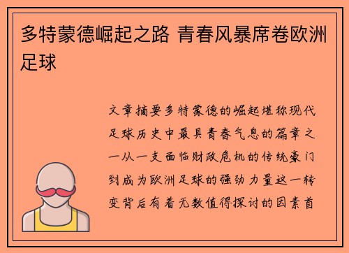 多特蒙德崛起之路 青春风暴席卷欧洲足球